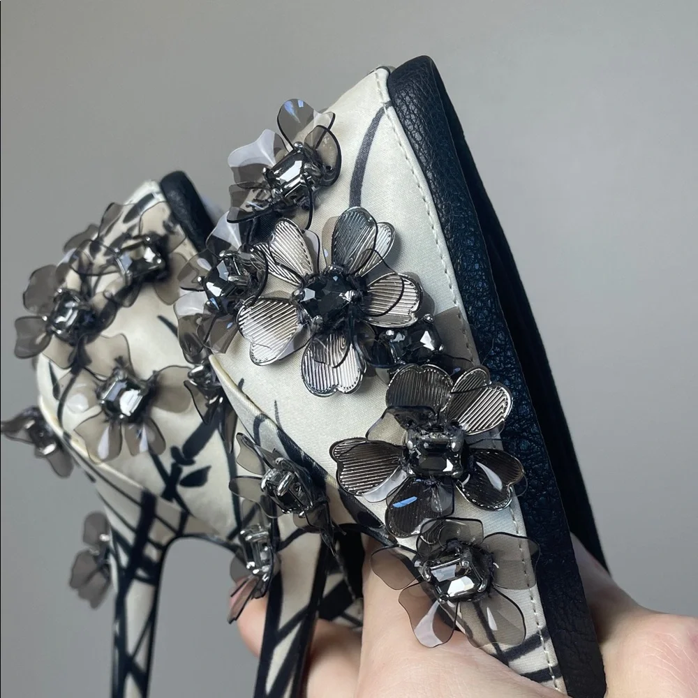 Tory Burch Clancy Black Open Toe Pump satin crystal embellished